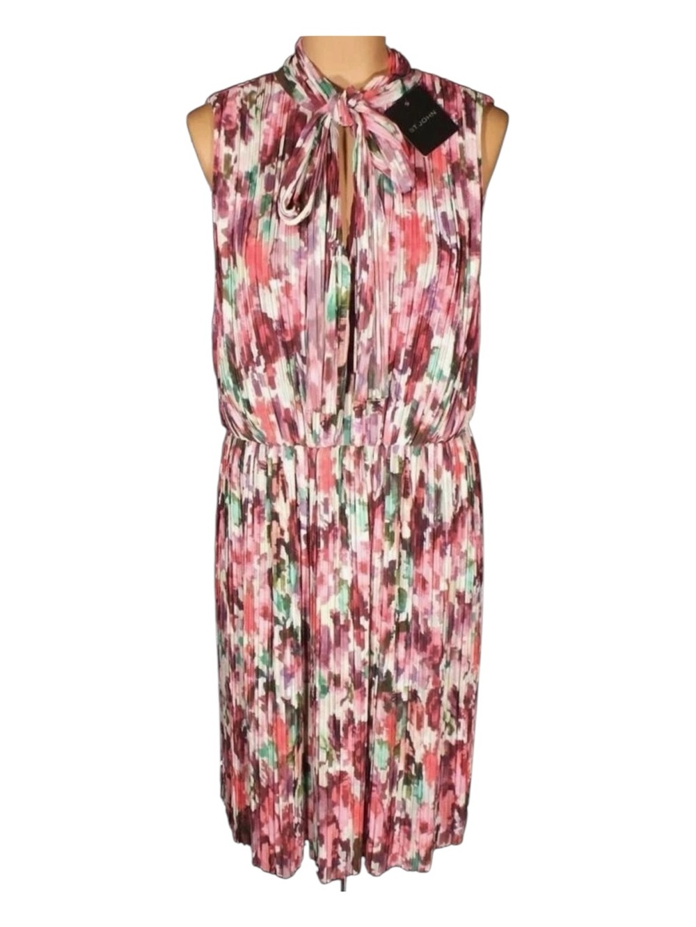 NWT St John Pleated Watercolor Sleeveless Multi-Print Tie-Neck Dress Sz 12